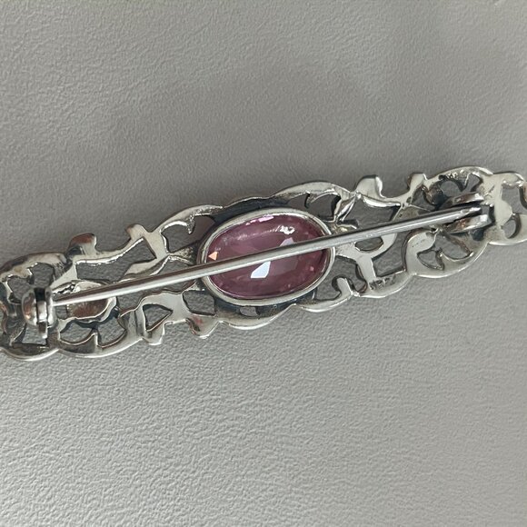 Pink stone & Marcasite 925 Sterling Silver Vintage brooch - Picture 5 of 7